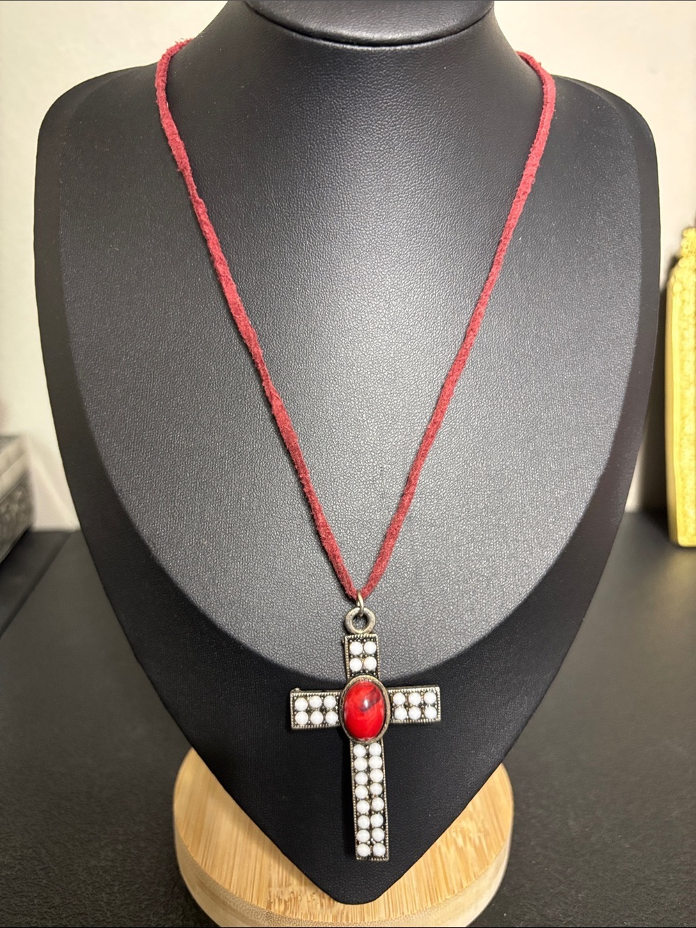 Red Turquoise Silver Tone Cross Pendant Necklace with Red Cord